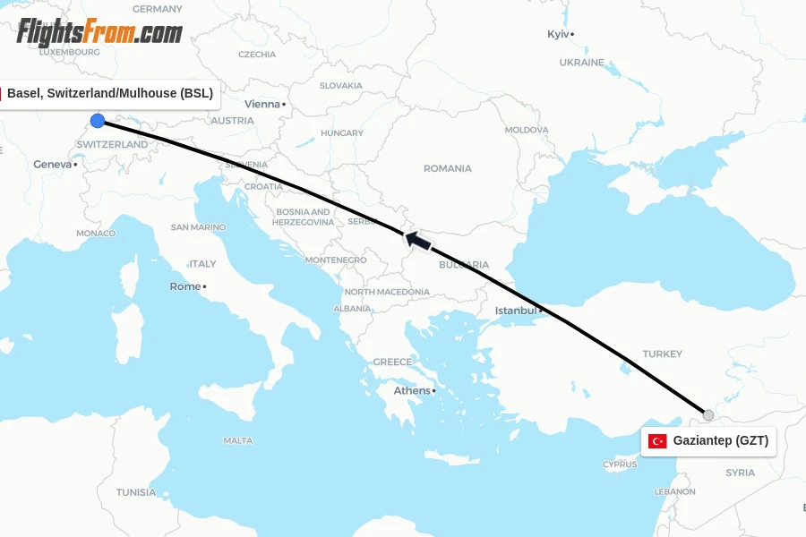 Flights from Gaziantep to Basel, Switzerland/Mulhouse route map