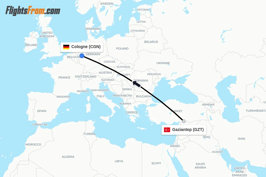 Flights from Gaziantep to Cologne route map