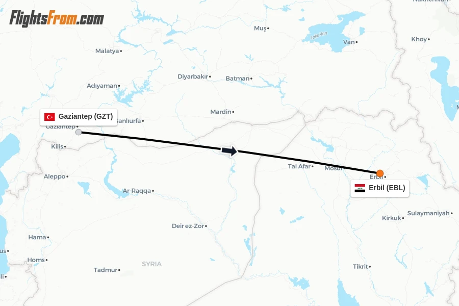 Flights from Gaziantep to Erbil route map