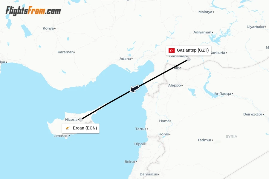 Flights from Gaziantep to Ercan route map