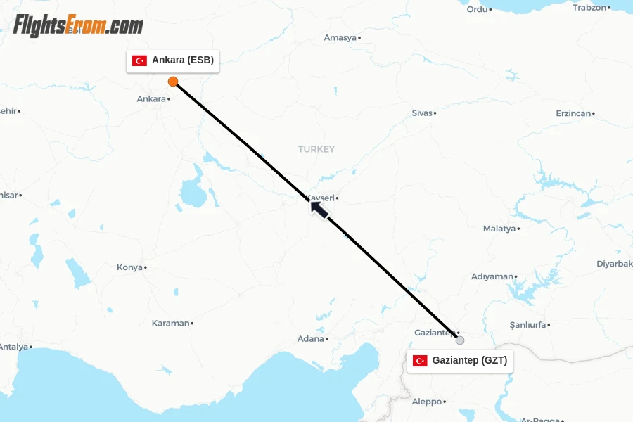 Flights from Gaziantep to Ankara route map