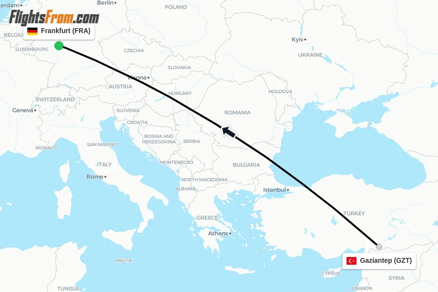 Flights from Gaziantep to Frankfurt route map
