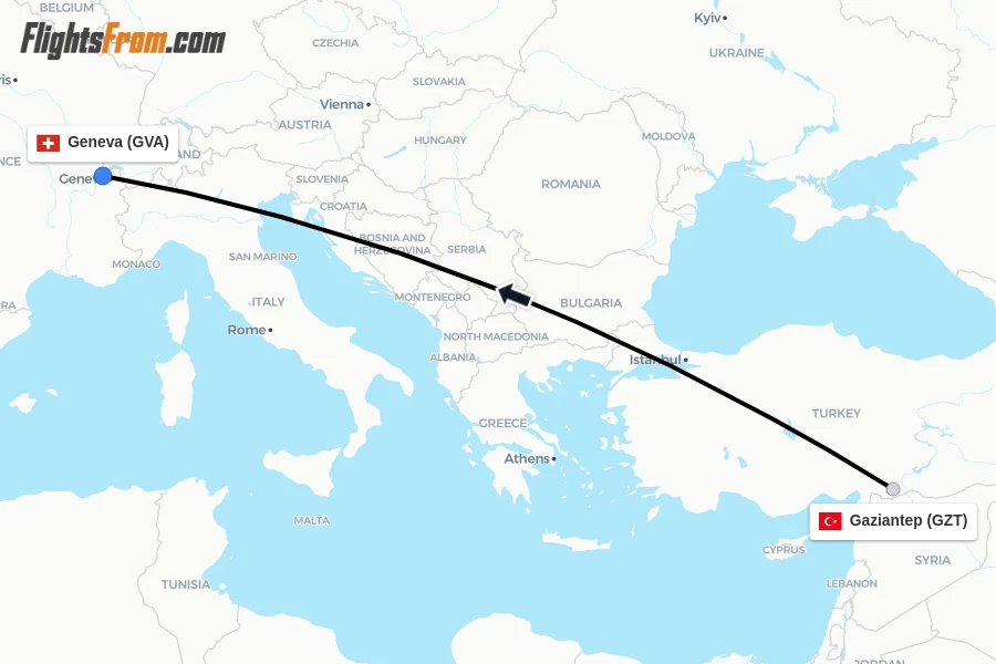 Flights from Gaziantep to Geneva route map