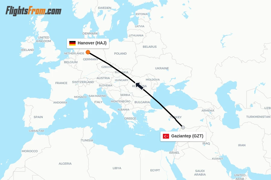 Flights from Gaziantep to Hanover route map