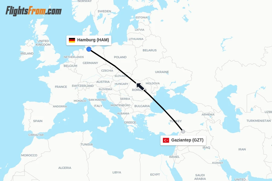 Flights from Gaziantep to Hamburg route map