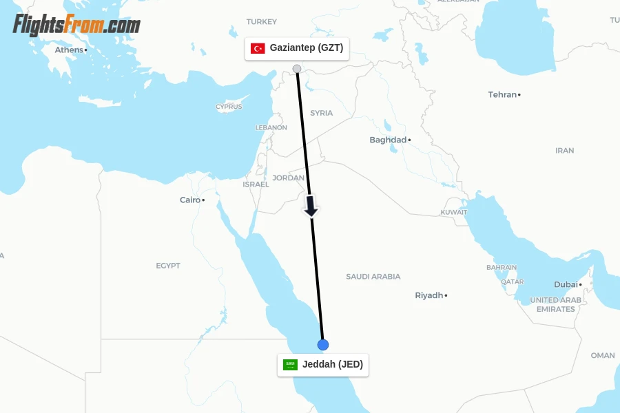 Flights from Gaziantep to Jeddah route map