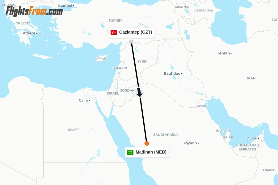 Flights from Gaziantep to Madinah route map