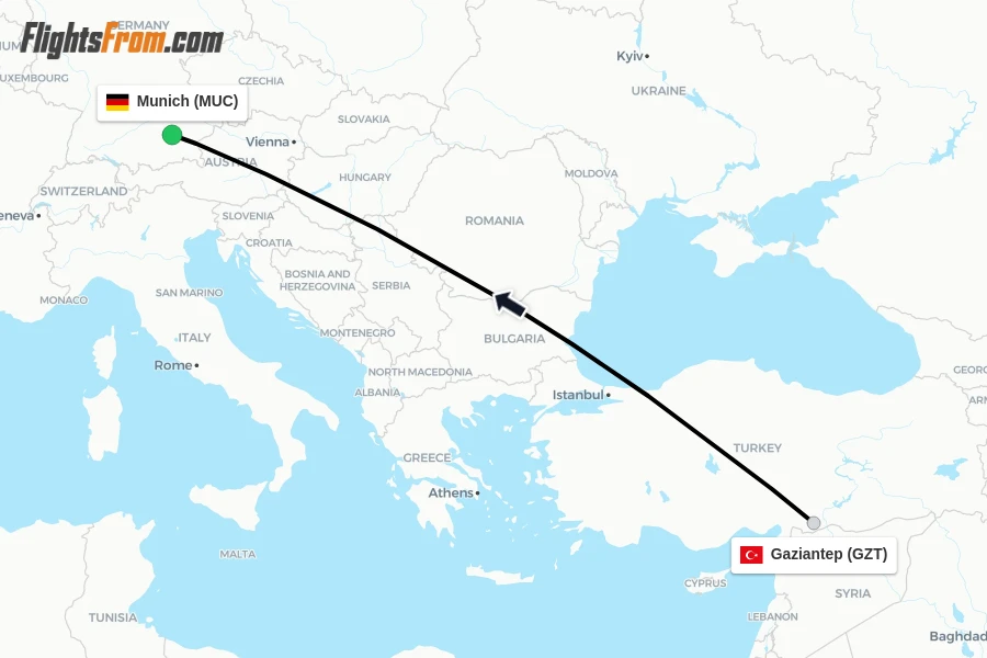 Flights from Gaziantep to Munich route map