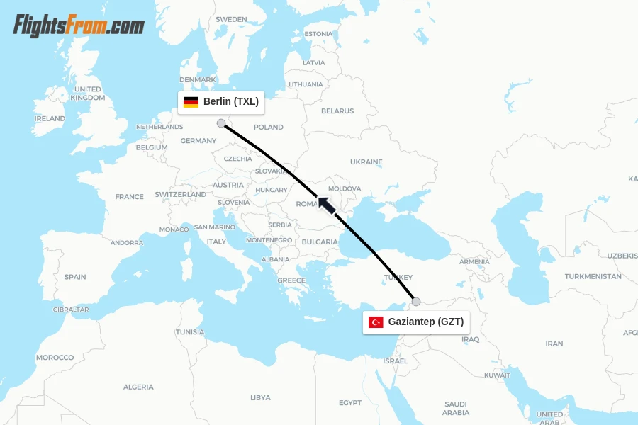 Flights from Gaziantep to Berlin route map
