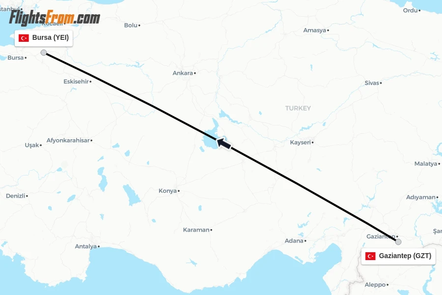Flights from Gaziantep to Bursa route map