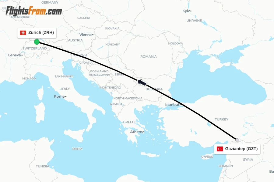 Flights from Gaziantep to Zurich route map