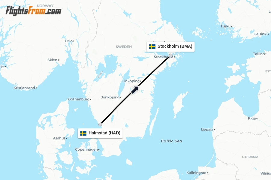 Flights from Halmstad to Stockholm route map