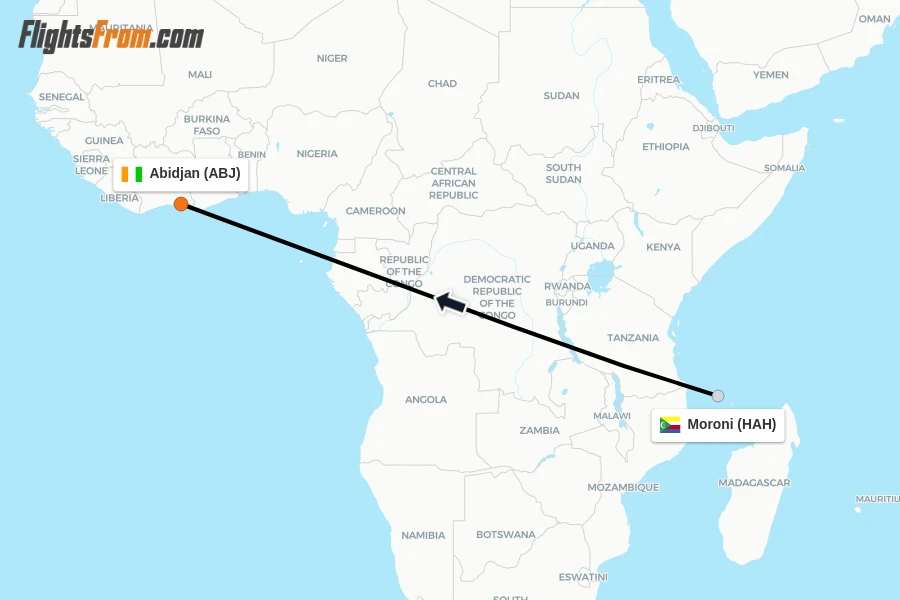 Flights from Moroni to Abidjan route map