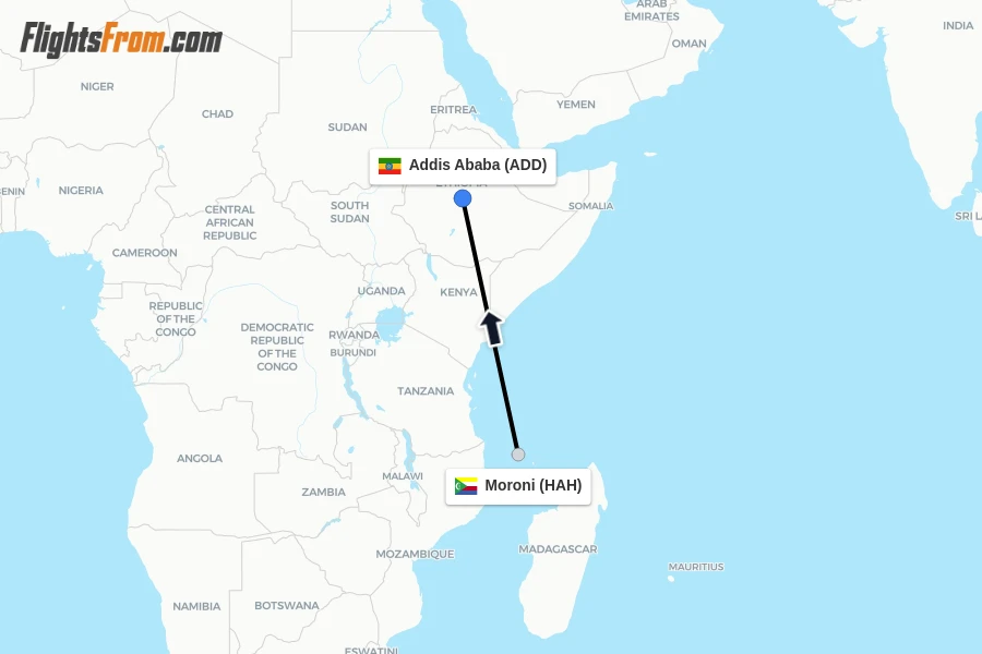 Flights from Moroni to Addis Ababa route map