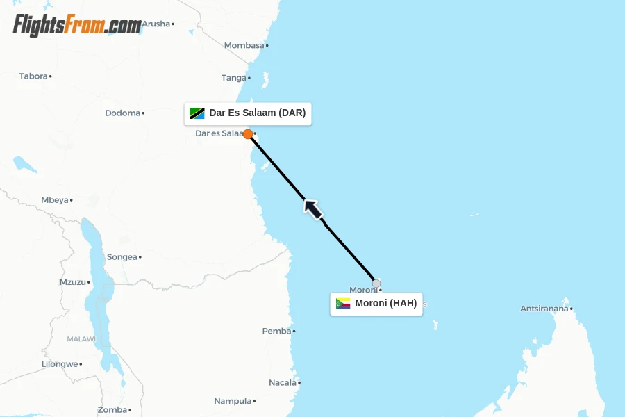 Flights from Moroni to Dar Es Salaam route map