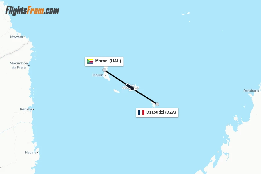 Flights from Moroni to Dzaoudzi route map