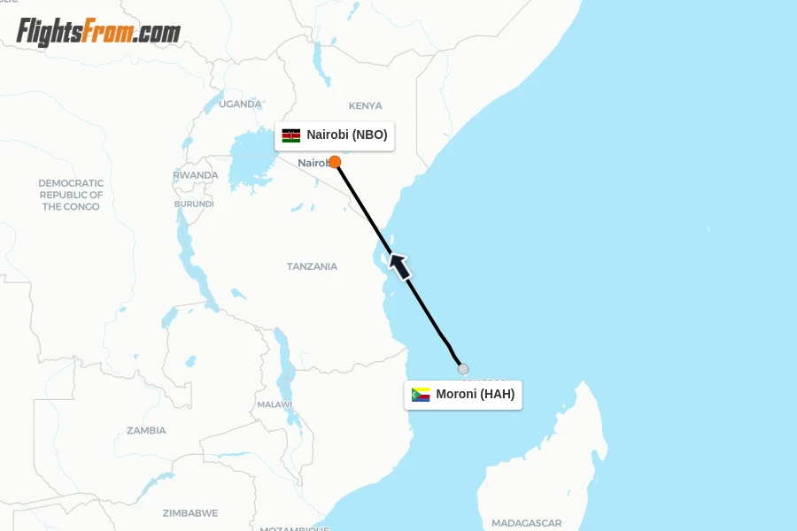 Flights from Moroni to Nairobi route map