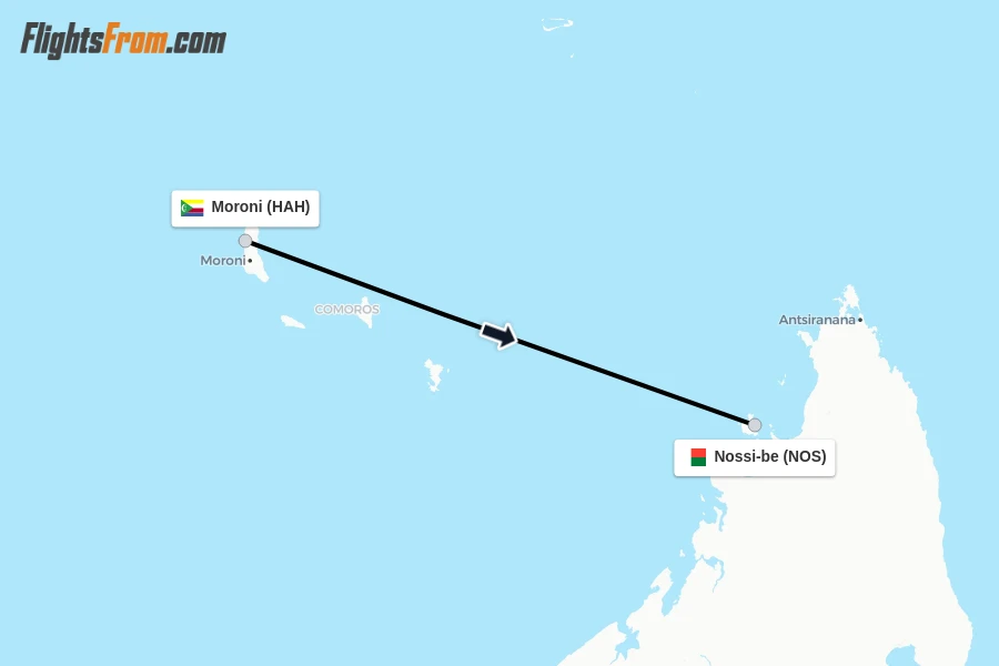 Flights from Moroni to Nossi-be route map