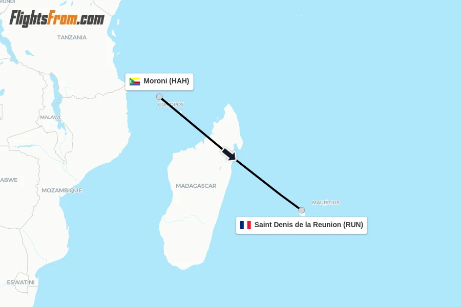 Flights from Moroni to Saint Denis de la Reunion route map