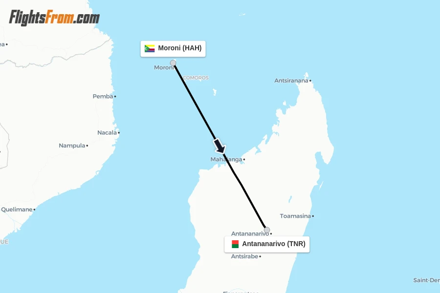 Flights from Moroni to Antananarivo route map