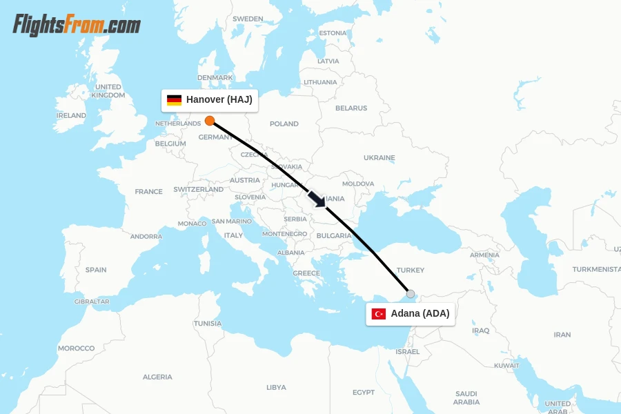 Flights from Hanover to Adana route map