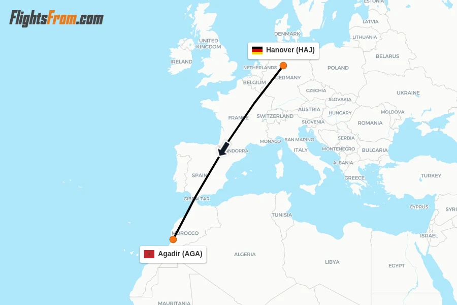Flights from Hanover to Agadir route map