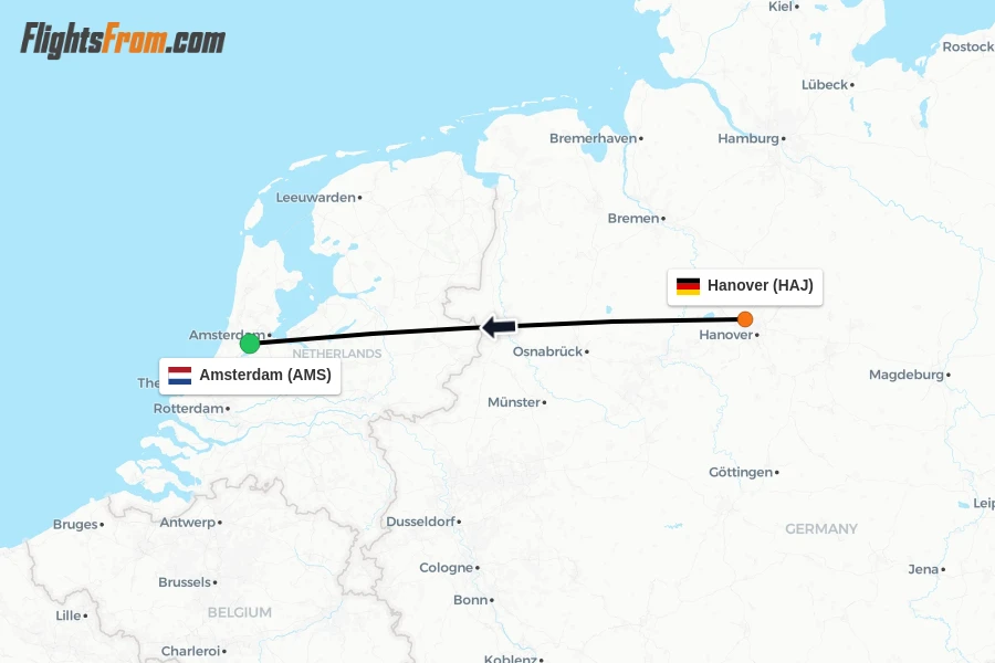 Flights from Hanover to Amsterdam route map