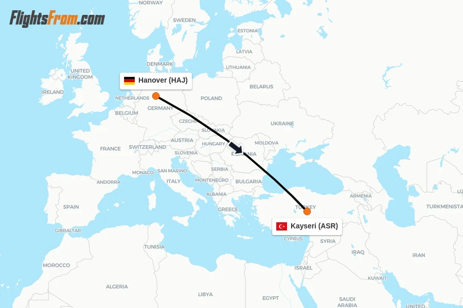 Flights from Hanover to Kayseri route map