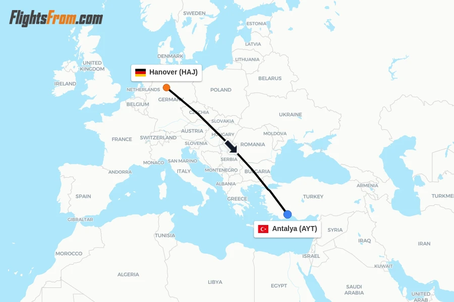 Flights from Hanover to Antalya route map