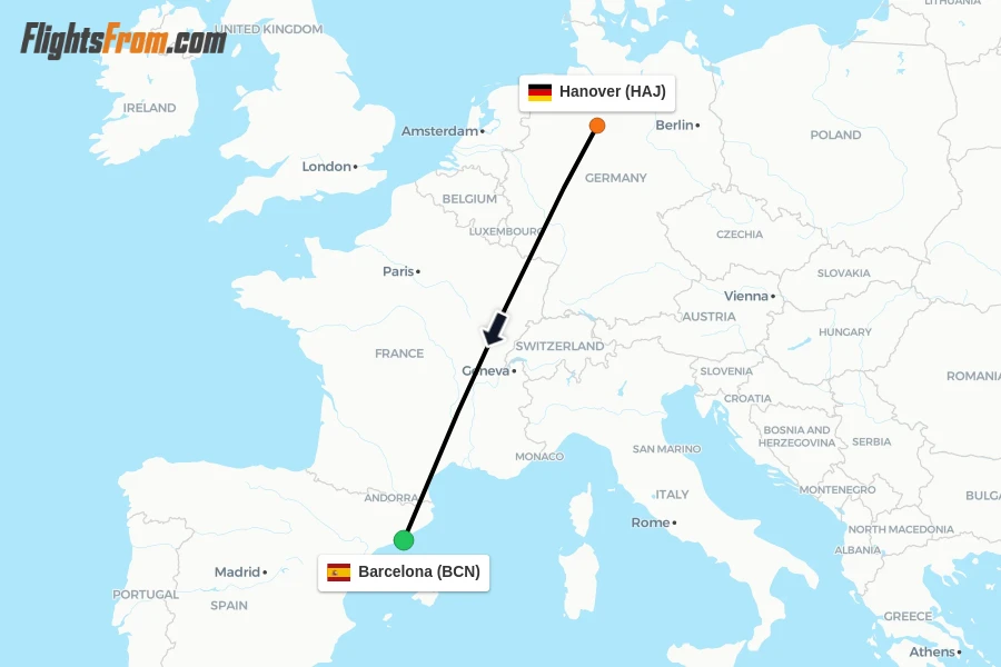Flights from Hanover to Barcelona route map