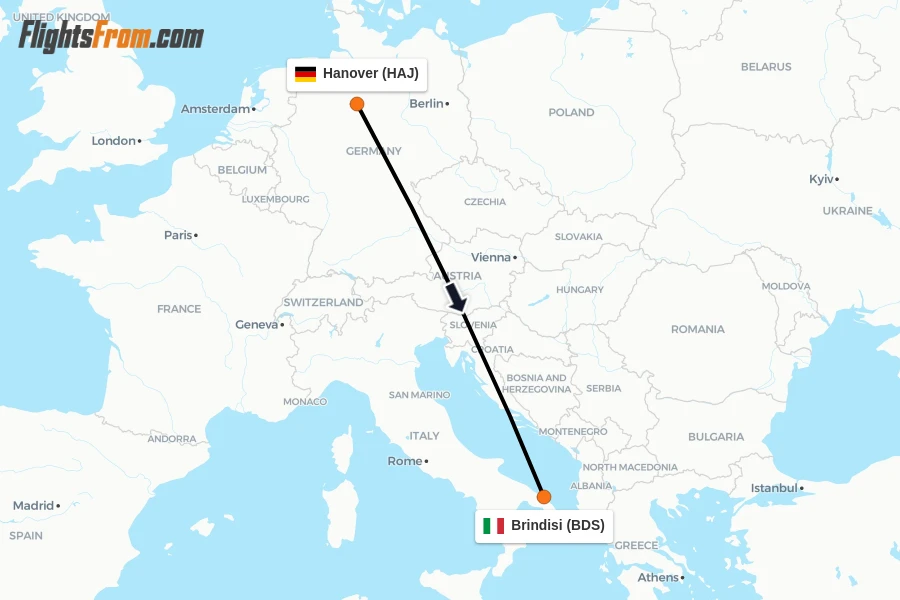 Flights from Hanover to Brindisi route map