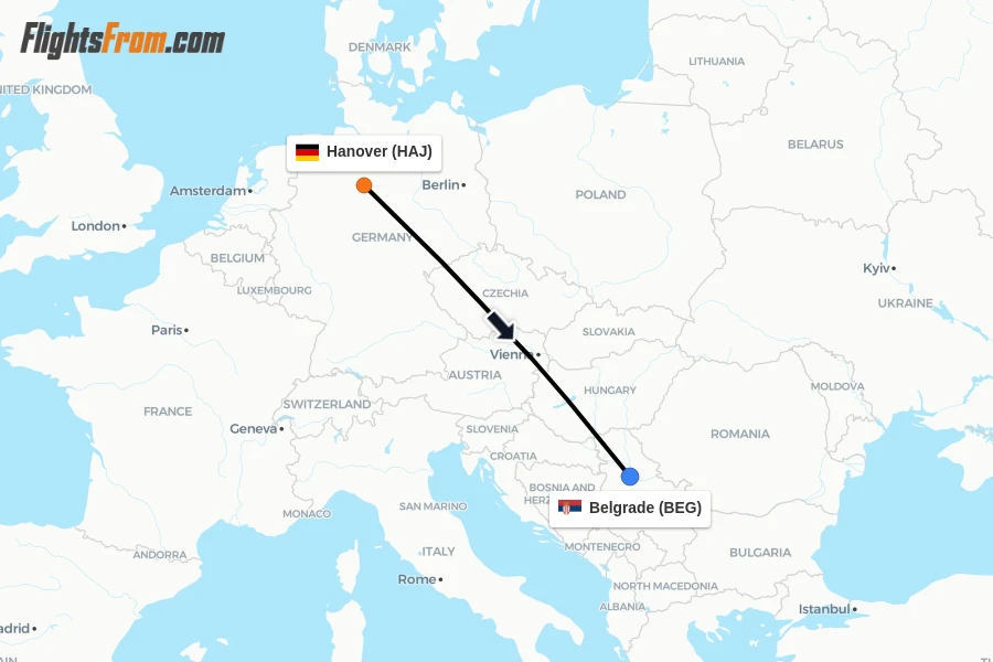 Flights from Hanover to Belgrade route map