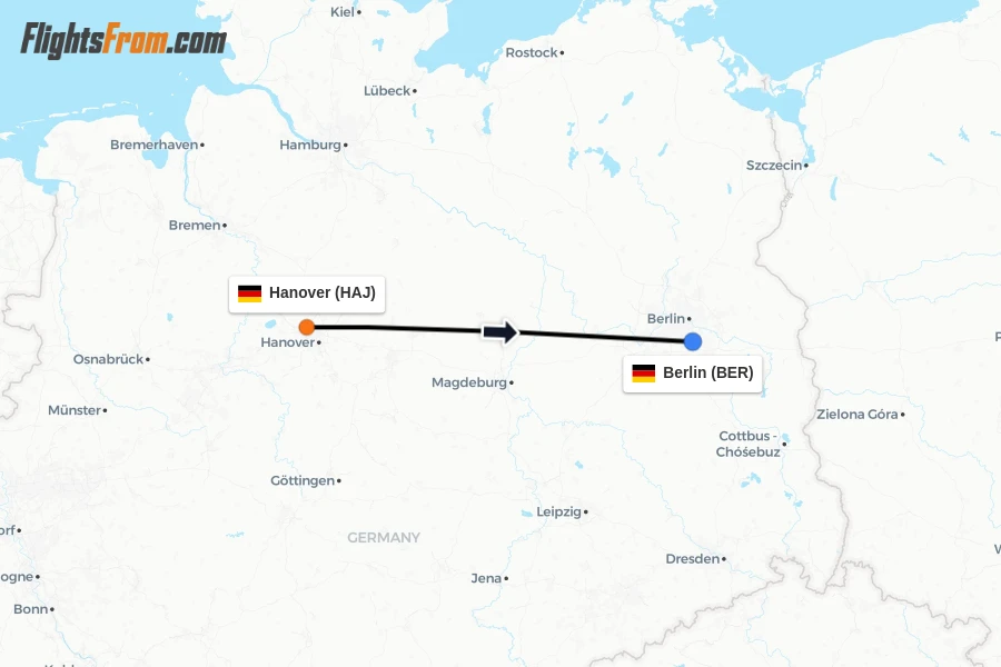 Flights from Hanover to Berlin route map