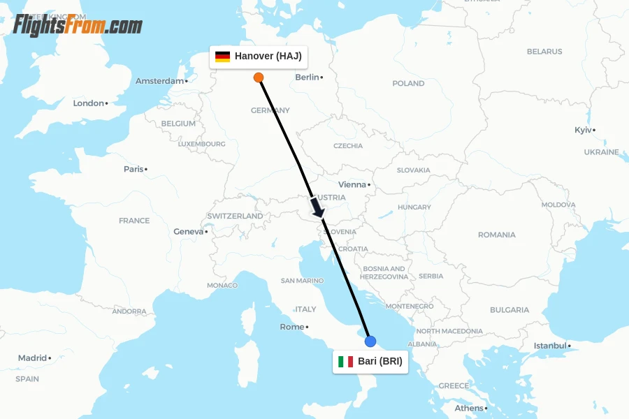 Flights from Hanover to Bari route map