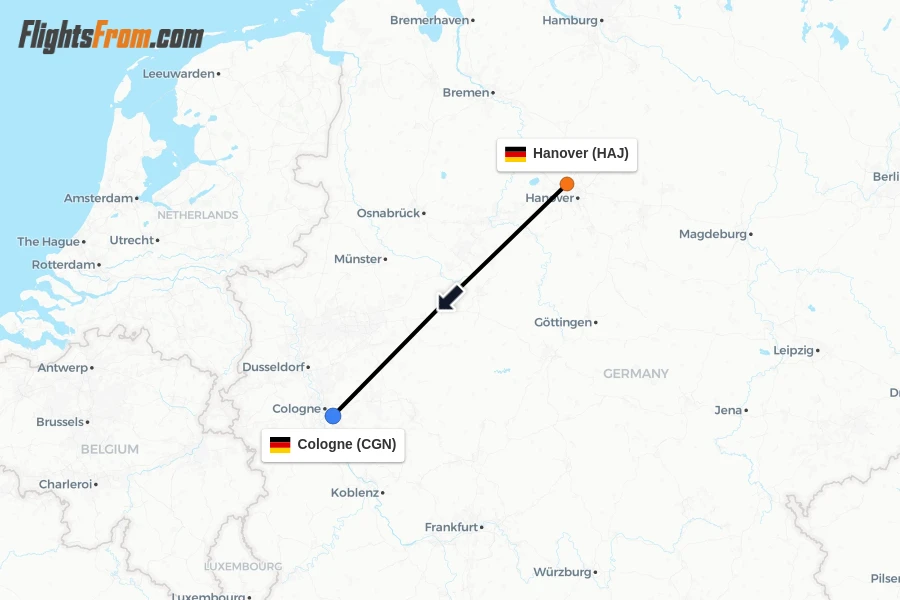 Flights from Hanover to Cologne route map