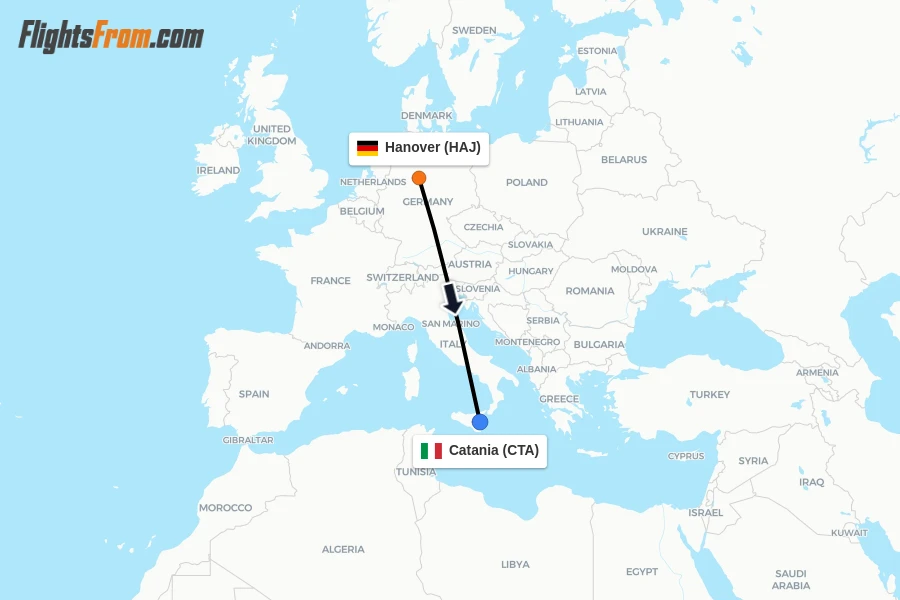 Flights from Hanover to Catania route map