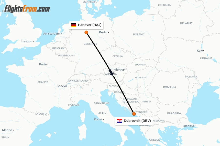 Flights from Hanover to Dubrovnik route map