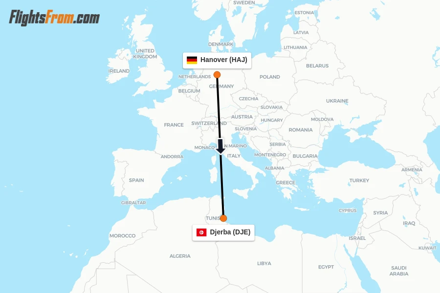 Flights from Hanover to Djerba route map
