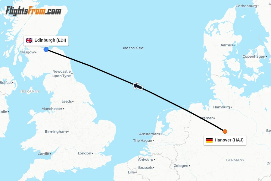 Flights from Hanover to Edinburgh route map