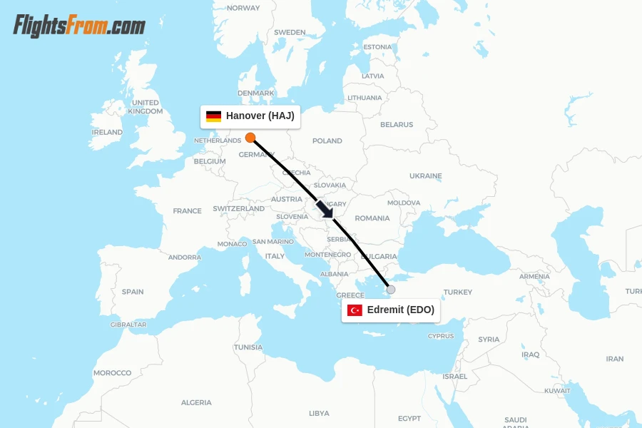Flights from Hanover to Edremit route map