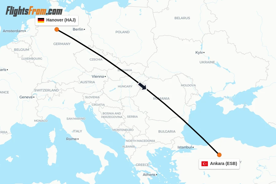 Flights from Hanover to Ankara route map