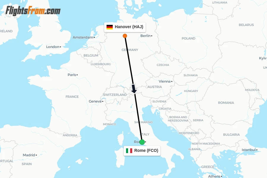 Flights from Hanover to Rome route map