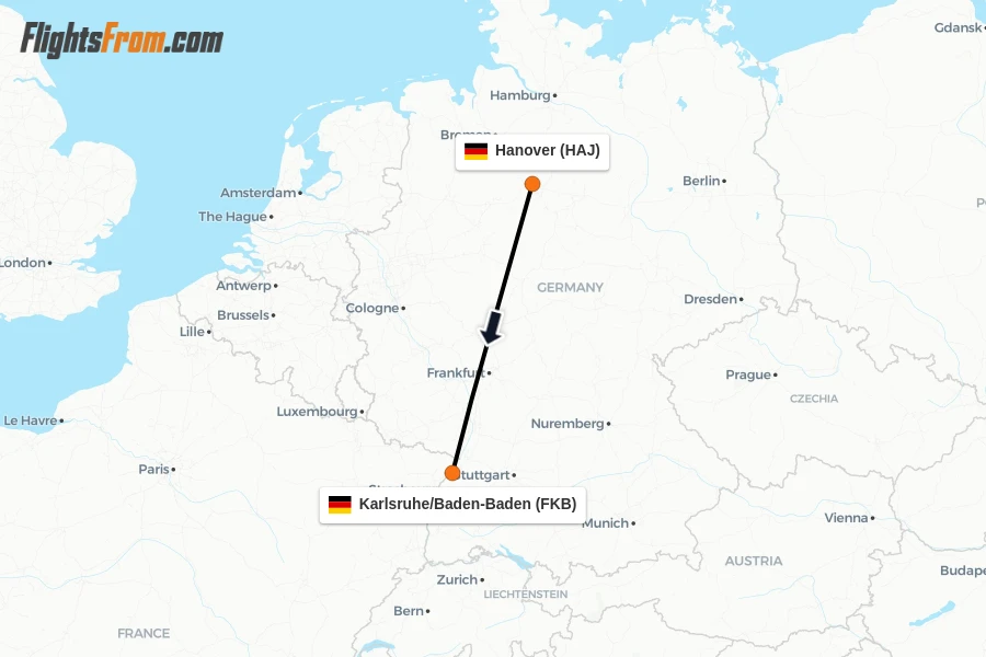 Flights from Hanover to Karlsruhe/Baden-Baden route map
