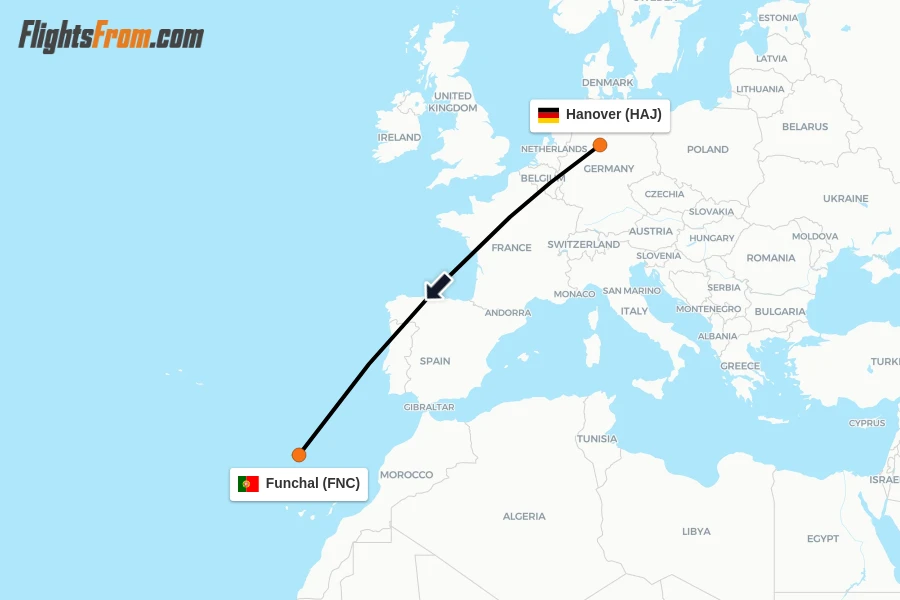 Flights from Hanover to Funchal route map