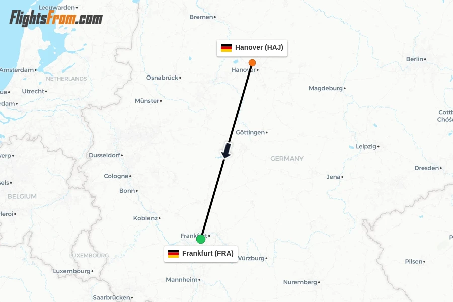 Flights from Hanover to Frankfurt route map