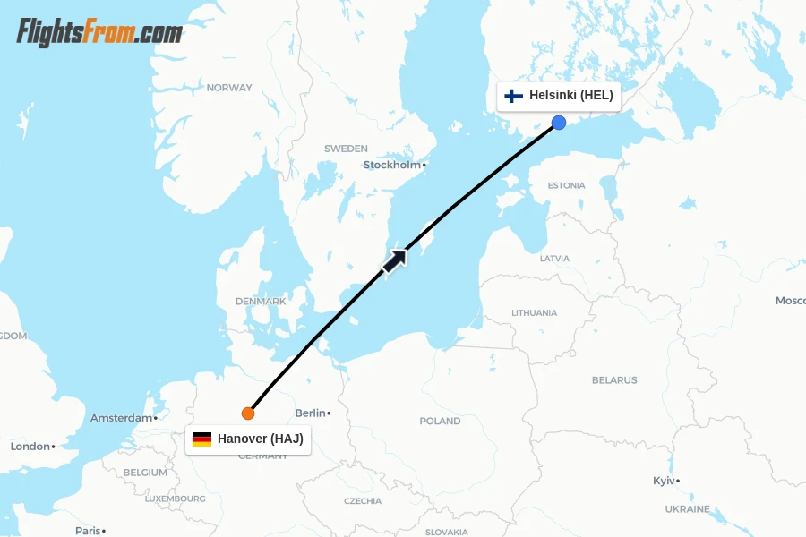 Flights from Hanover to Helsinki route map