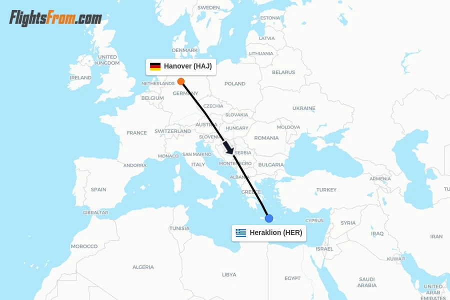 Flights from Hanover to Heraklion route map
