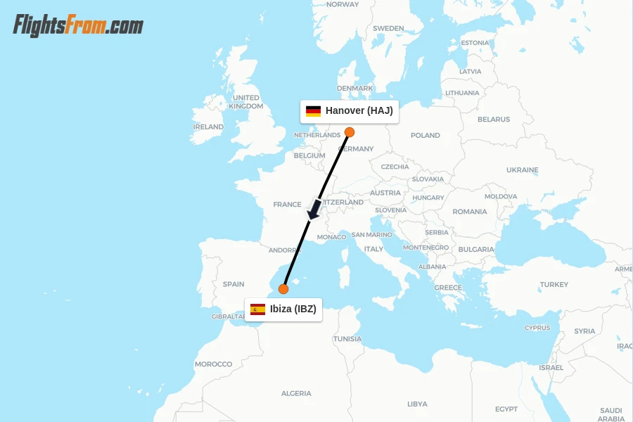 Flights from Hanover to Ibiza route map