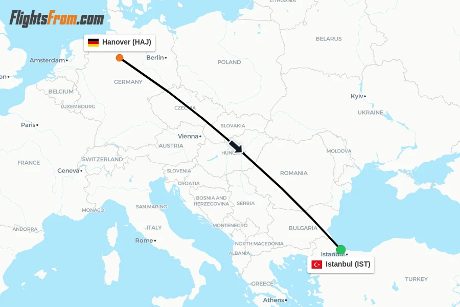 Flights from Hanover to Istanbul route map
