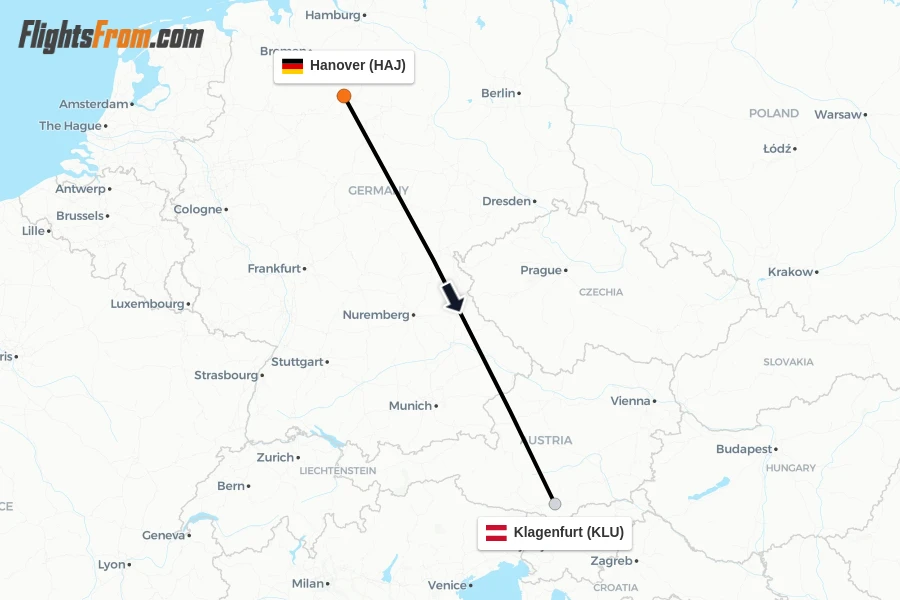 Flights from Hanover to Klagenfurt route map